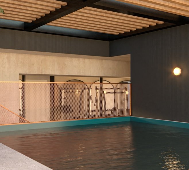 Piscina cubierta iluminada